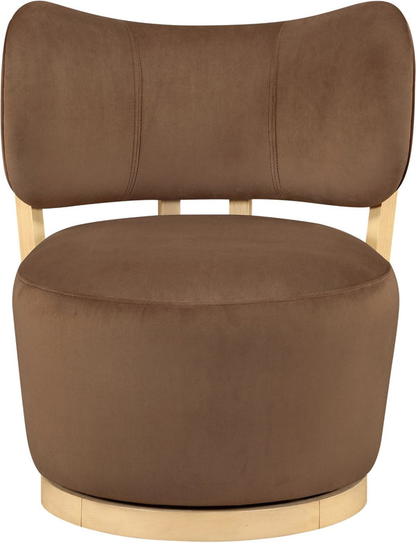 Meridian Furniture Elara Velvet Swivel Accent Chair with Brass Accents and Walnut Frame for Modern Living Rooms Brown 33062 33062Brown