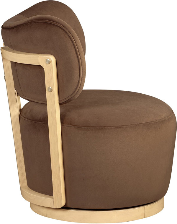Meridian Furniture Elara Velvet Swivel Accent Chair with Brass Accents and Walnut Frame for Modern Living Rooms Brown 33062 33062Brown