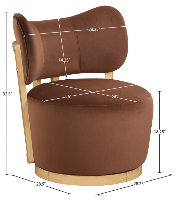 Meridian Furniture Elara Velvet Swivel Accent Chair with Brass Accents and Walnut Frame for Modern Living Rooms Cognac 33062 33062Cognac