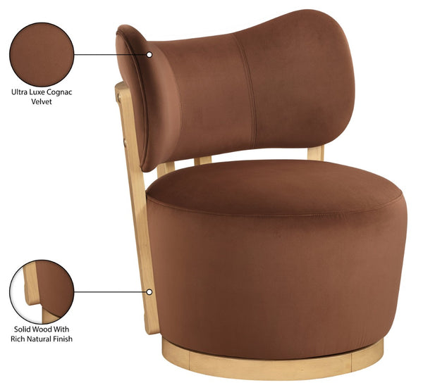 Meridian Furniture Elara Velvet Swivel Accent Chair with Brass Accents and Walnut Frame for Modern Living Rooms Cognac 33062 33062Cognac