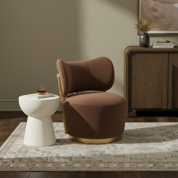 Meridian Furniture Elara Velvet Swivel Accent Chair with Brass Accents and Walnut Frame for Modern Living Rooms Cognac 33062 33062Cognac