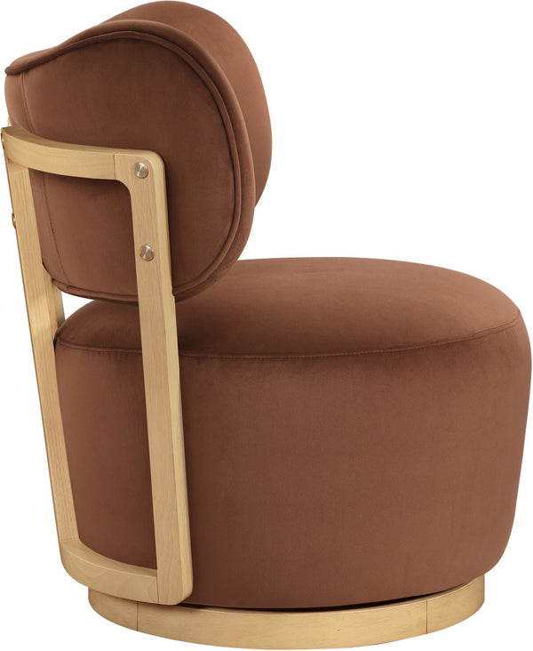 Meridian Furniture Elara Velvet Swivel Accent Chair with Brass Accents and Walnut Frame for Modern Living Rooms Cognac 33062 33062Cognac