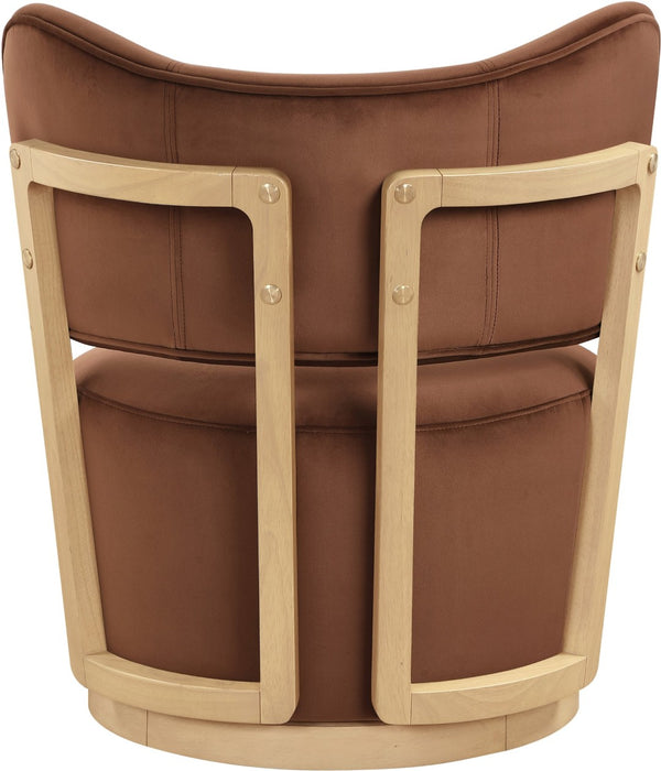 Meridian Furniture Elara Velvet Swivel Accent Chair with Brass Accents and Walnut Frame for Modern Living Rooms Cognac 33062 33062Cognac