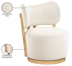 Meridian Furniture Elara Velvet Swivel Accent Chair with Brass Accents and Walnut Frame for Modern Living Rooms Cream 33062 33062Cream