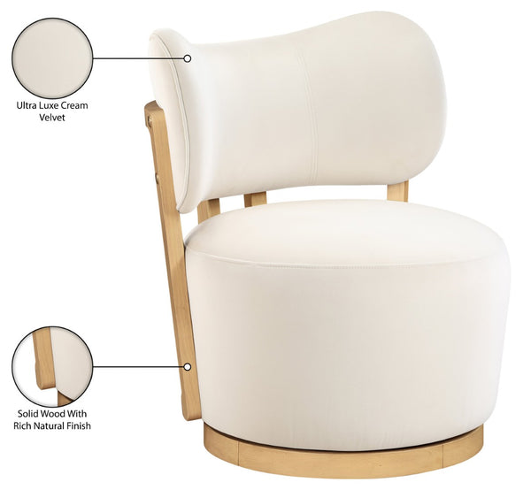 Meridian Furniture Elara Velvet Swivel Accent Chair with Brass Accents and Walnut Frame for Modern Living Rooms Cream 33062 33062Cream