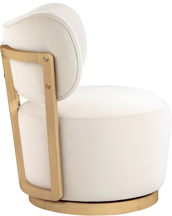 Meridian Furniture Elara Velvet Swivel Accent Chair with Brass Accents and Walnut Frame for Modern Living Rooms Cream 33062 33062Cream