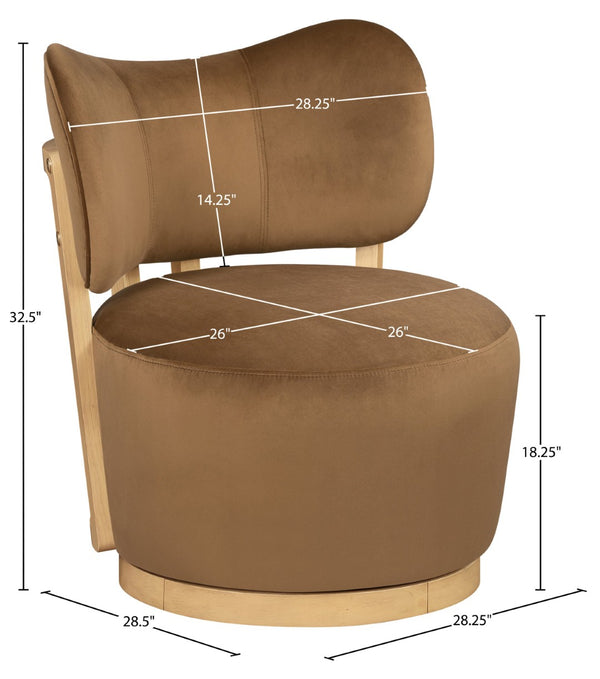 Meridian Furniture Elara Velvet Swivel Accent Chair with Brass Accents and Walnut Frame for Modern Living Rooms Saddle 33062 33062Saddle