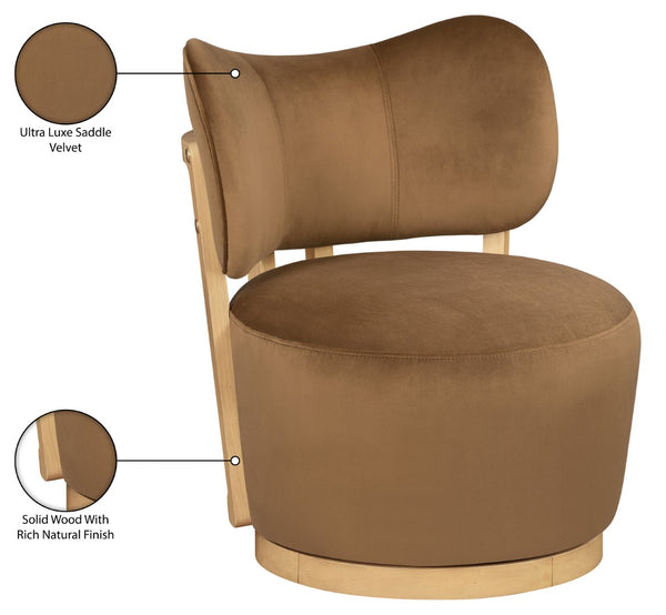 Meridian Furniture Elara Velvet Swivel Accent Chair with Brass Accents and Walnut Frame for Modern Living Rooms Saddle 33062 33062Saddle