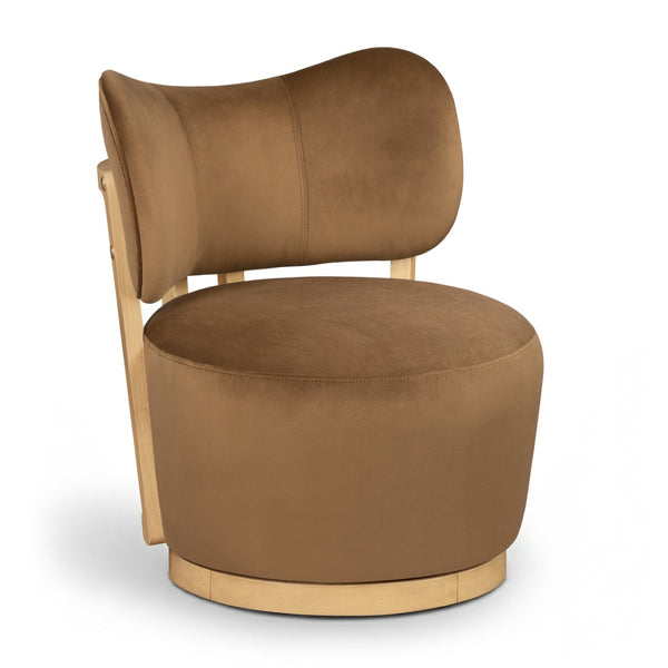 Meridian Furniture Elara Velvet Swivel Accent Chair with Brass Accents and Walnut Frame for Modern Living Rooms Saddle 33062 33062Saddle