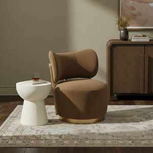 Meridian Furniture Elara Velvet Swivel Accent Chair with Brass Accents and Walnut Frame for Modern Living Rooms Saddle 33062 33062Saddle