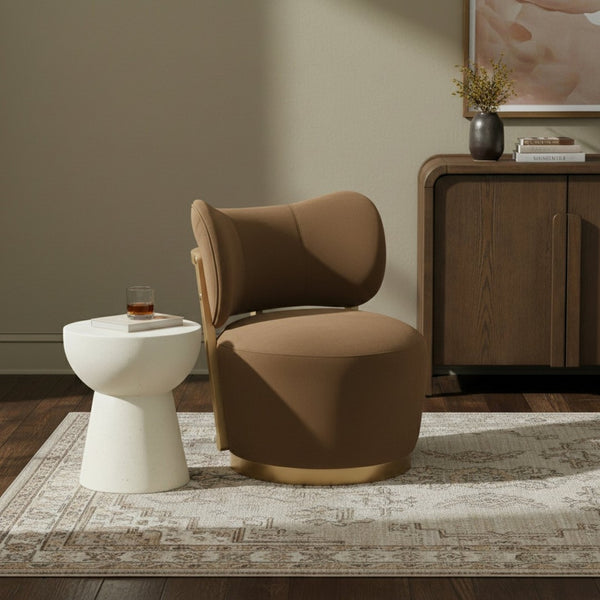 Meridian Furniture Elara Velvet Swivel Accent Chair with Brass Accents and Walnut Frame for Modern Living Rooms Saddle 33062 33062Saddle