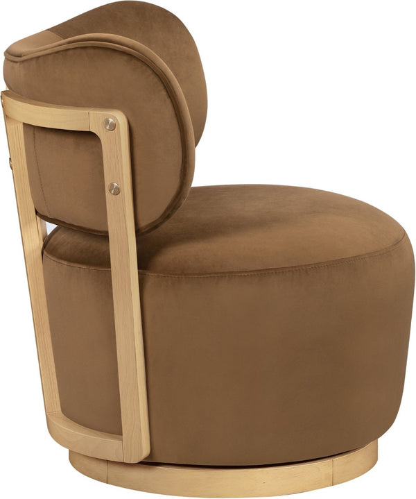 Meridian Furniture Elara Velvet Swivel Accent Chair with Brass Accents and Walnut Frame for Modern Living Rooms Saddle 33062 33062Saddle