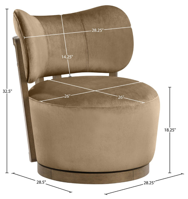 Meridian Furniture Elara Velvet Swivel Accent Chair with Brass Accents and Walnut Frame for Modern Living Rooms Beige 33063 33063Beige