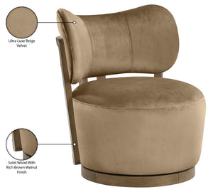 Meridian Furniture Elara Velvet Swivel Accent Chair with Brass Accents and Walnut Frame for Modern Living Rooms Beige 33063 33063Beige