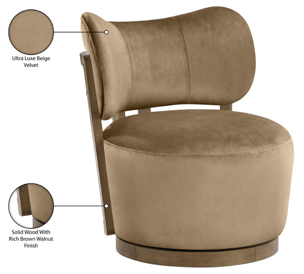 Meridian Furniture Elara Velvet Swivel Accent Chair with Brass Accents and Walnut Frame for Modern Living Rooms Beige 33063 33063Beige