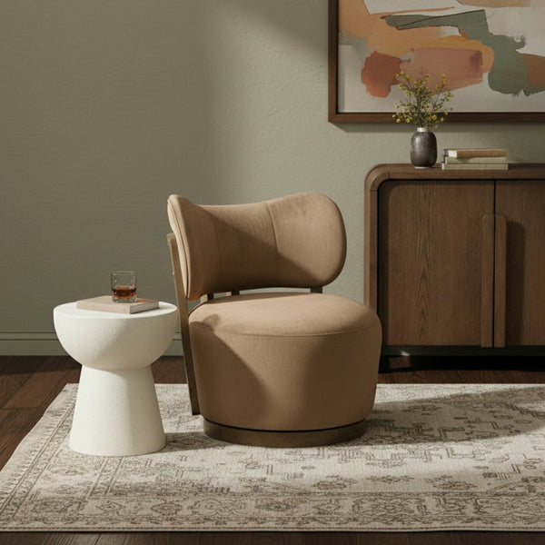 Meridian Furniture Elara Velvet Swivel Accent Chair with Brass Accents and Walnut Frame for Modern Living Rooms Beige 33063 33063Beige