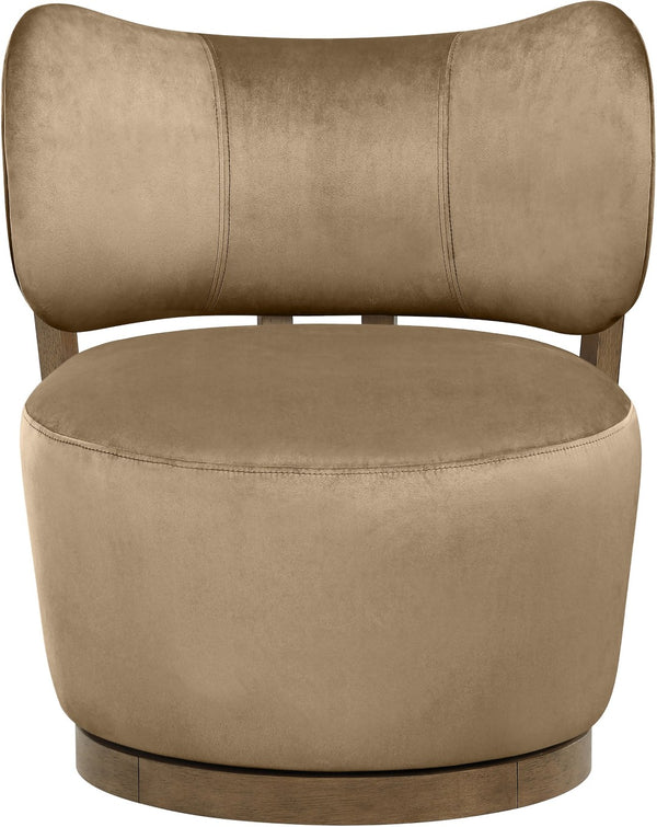 Meridian Furniture Elara Velvet Swivel Accent Chair with Brass Accents and Walnut Frame for Modern Living Rooms Beige 33063 33063Beige