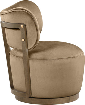 Meridian Furniture Elara Velvet Swivel Accent Chair with Brass Accents and Walnut Frame for Modern Living Rooms Beige 33063 33063Beige