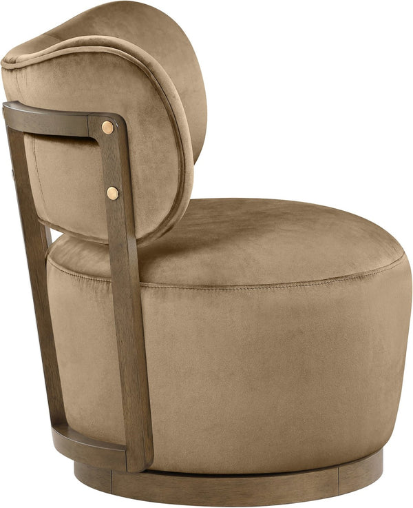 Meridian Furniture Elara Velvet Swivel Accent Chair with Brass Accents and Walnut Frame for Modern Living Rooms Beige 33063 33063Beige