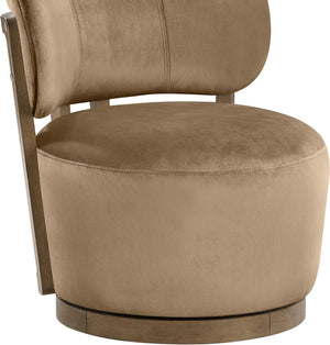 Meridian Furniture Elara Velvet Swivel Accent Chair with Brass Accents and Walnut Frame for Modern Living Rooms Beige 33063 33063Beige