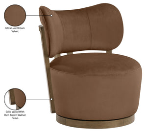 Meridian Furniture Elara Velvet Swivel Accent Chair with Brass Accents and Walnut Frame for Modern Living Rooms Brown 33063 33063Brown