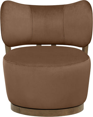 Meridian Furniture Elara Velvet Swivel Accent Chair with Brass Accents and Walnut Frame for Modern Living Rooms Brown 33063 33063Brown