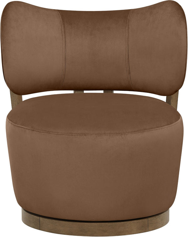 Meridian Furniture Elara Velvet Swivel Accent Chair with Brass Accents and Walnut Frame for Modern Living Rooms Brown 33063 33063Brown