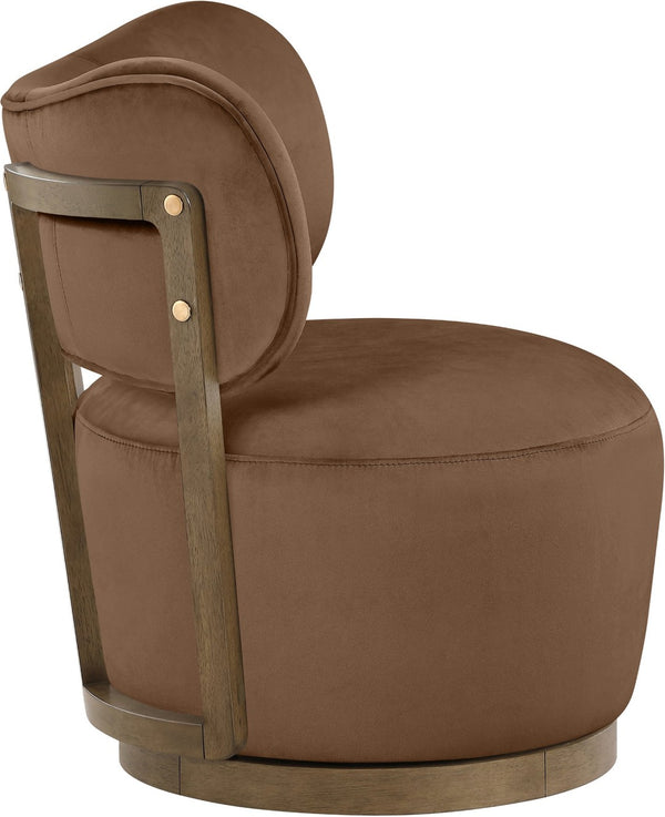 Meridian Furniture Elara Velvet Swivel Accent Chair with Brass Accents and Walnut Frame for Modern Living Rooms Brown 33063 33063Brown