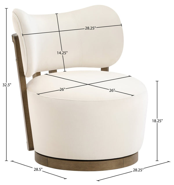 Meridian Furniture Elara Velvet Swivel Accent Chair with Brass Accents and Walnut Frame for Modern Living Rooms Cream 33063 33063Cream