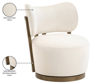Meridian Furniture Elara Velvet Swivel Accent Chair with Brass Accents and Walnut Frame for Modern Living Rooms Cream 33063 33063Cream