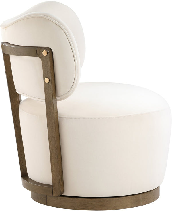 Meridian Furniture Elara Velvet Swivel Accent Chair with Brass Accents and Walnut Frame for Modern Living Rooms Cream 33063 33063Cream