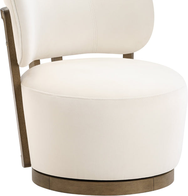 Meridian Furniture Elara Velvet Swivel Accent Chair with Brass Accents and Walnut Frame for Modern Living Rooms Cream 33063 33063Cream