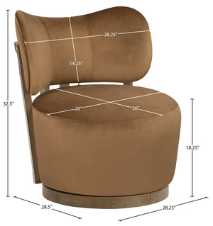 Meridian Furniture Elara Velvet Swivel Accent Chair with Brass Accents and Walnut Frame for Modern Living Rooms Saddle 33063 33063Saddle