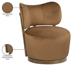 Meridian Furniture Elara Velvet Swivel Accent Chair with Brass Accents and Walnut Frame for Modern Living Rooms Saddle 33063 33063Saddle