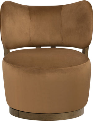 Meridian Furniture Elara Velvet Swivel Accent Chair with Brass Accents and Walnut Frame for Modern Living Rooms Saddle 33063 33063Saddle