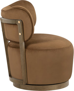 Meridian Furniture Elara Velvet Swivel Accent Chair with Brass Accents and Walnut Frame for Modern Living Rooms Saddle 33063 33063Saddle