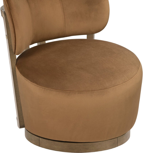 Meridian Furniture Elara Velvet Swivel Accent Chair with Brass Accents and Walnut Frame for Modern Living Rooms Saddle 33063 33063Saddle
