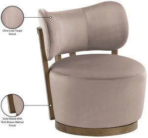 Meridian Furniture Elara Velvet Swivel Accent Chair with Brass Accents and Walnut Frame for Modern Living Rooms Taupe 33063 33063Taupe