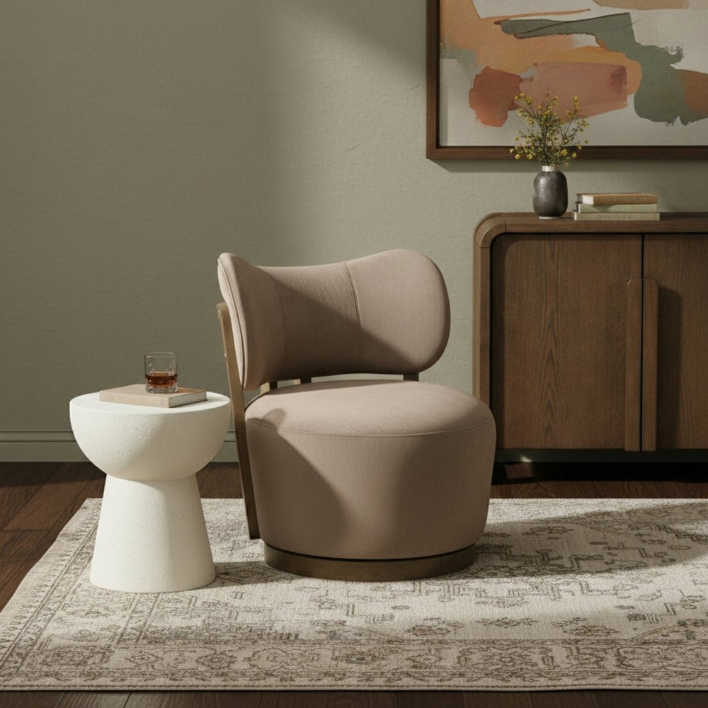 Meridian Furniture Elara Velvet Swivel Accent Chair with Brass Accents and Walnut Frame for Modern Living Rooms Taupe 33063 33063Taupe