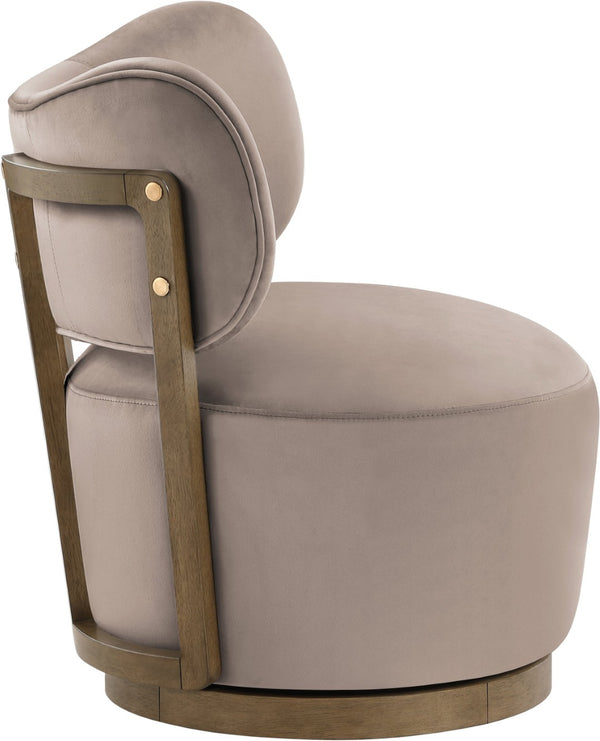 Meridian Furniture Elara Velvet Swivel Accent Chair with Brass Accents and Walnut Frame for Modern Living Rooms Taupe 33063 33063Taupe