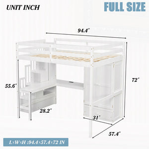 English Elm Twin Over Full Bunk Bed Solid Pine Frame with Built-in Slide and Storage Staircase White W504S00264