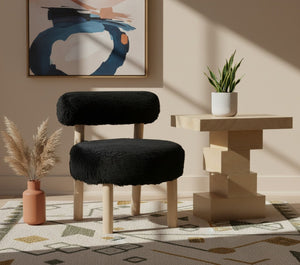 Meridian Furniture Ambre Plush Vegan Shearling Accent Chair with Solid Wood Legs for Modern Living Spaces Black Style A 33064Black