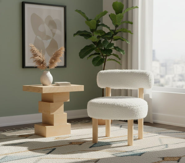 Meridian Furniture Ambre Plush Vegan Shearling Accent Chair with Solid Wood Legs for Modern Living Spaces Cream Style A 33064Cream