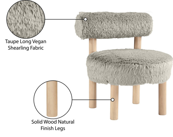 Meridian Furniture Ambre Plush Vegan Shearling Accent Chair with Solid Wood Legs for Modern Living Spaces Taupe Style A 33064Taupe