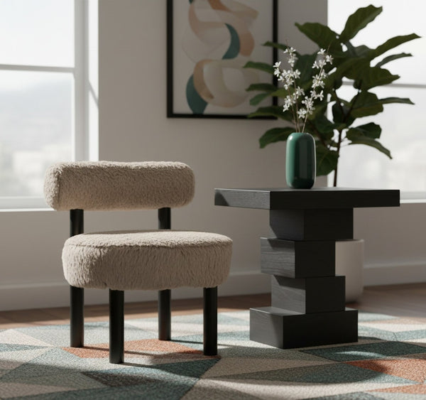 Meridian Furniture Ambre Plush Vegan Shearling Accent Chair with Solid Wood Legs for Modern Living Spaces Beige Style B 33065Beige