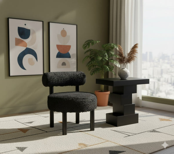 Meridian Furniture Ambre Plush Vegan Shearling Accent Chair with Solid Wood Legs for Modern Living Spaces Black Style B 33065Black