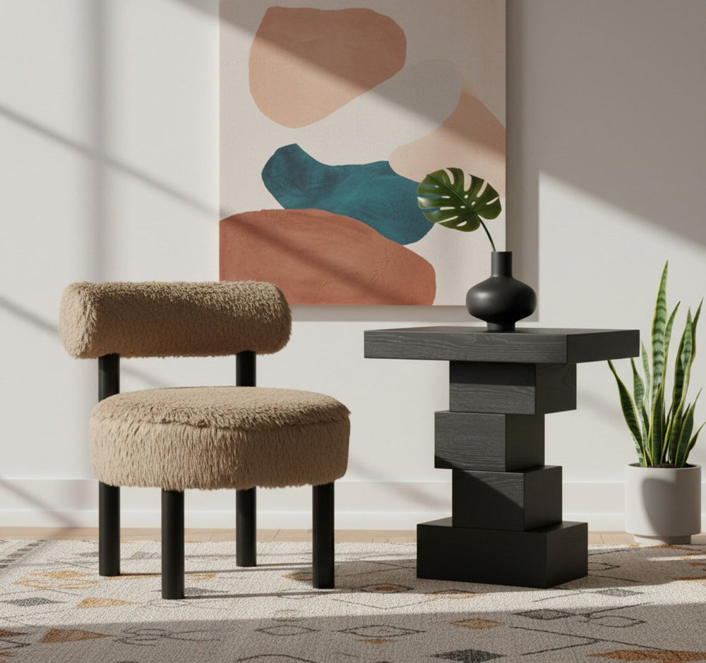 Meridian Furniture Ambre Plush Vegan Shearling Accent Chair with Solid Wood Legs for Modern Living Spaces Tan Style B 33065Tan