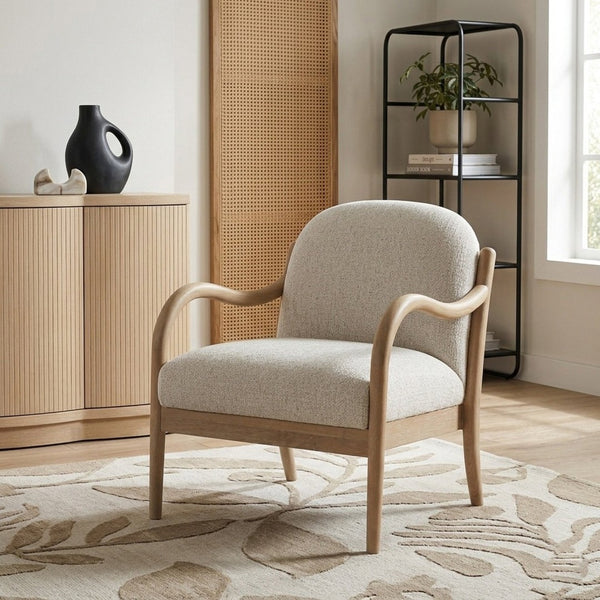Meridian Furniture Helmsley Art Deco Accent Chair Sculpted Wood Frame Stain Resistant Woven Fabric Living Room Cream - A 33066Cream