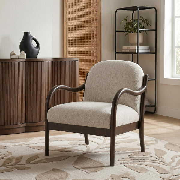 Meridian Furniture Helmsley Art Deco Accent Chair Sculpted Wood Frame Stain Resistant Woven Fabric Living Room Beige 33067Beige