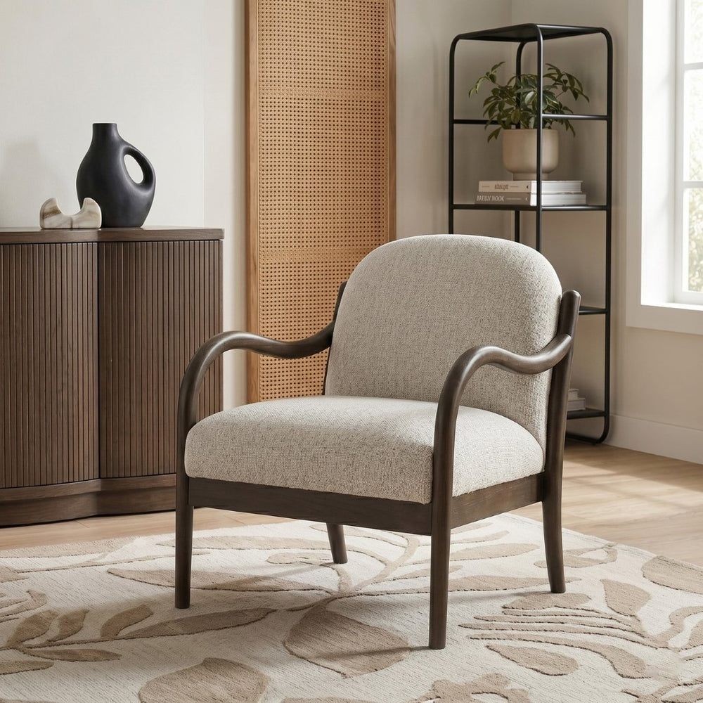 Meridian Furniture Helmsley Art Deco Accent Chair Sculpted Wood Frame Stain Resistant Woven Fabric Living Room Cream - B 33067Cream